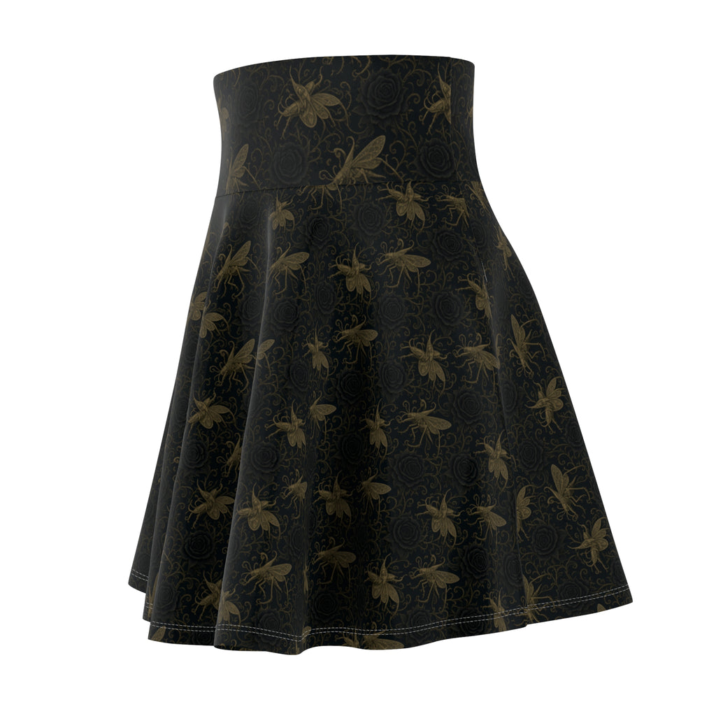 Black Floral Skater Skirt — Vintage Gold Locust + Black Roses, Flared A-Line Women’s Skirt