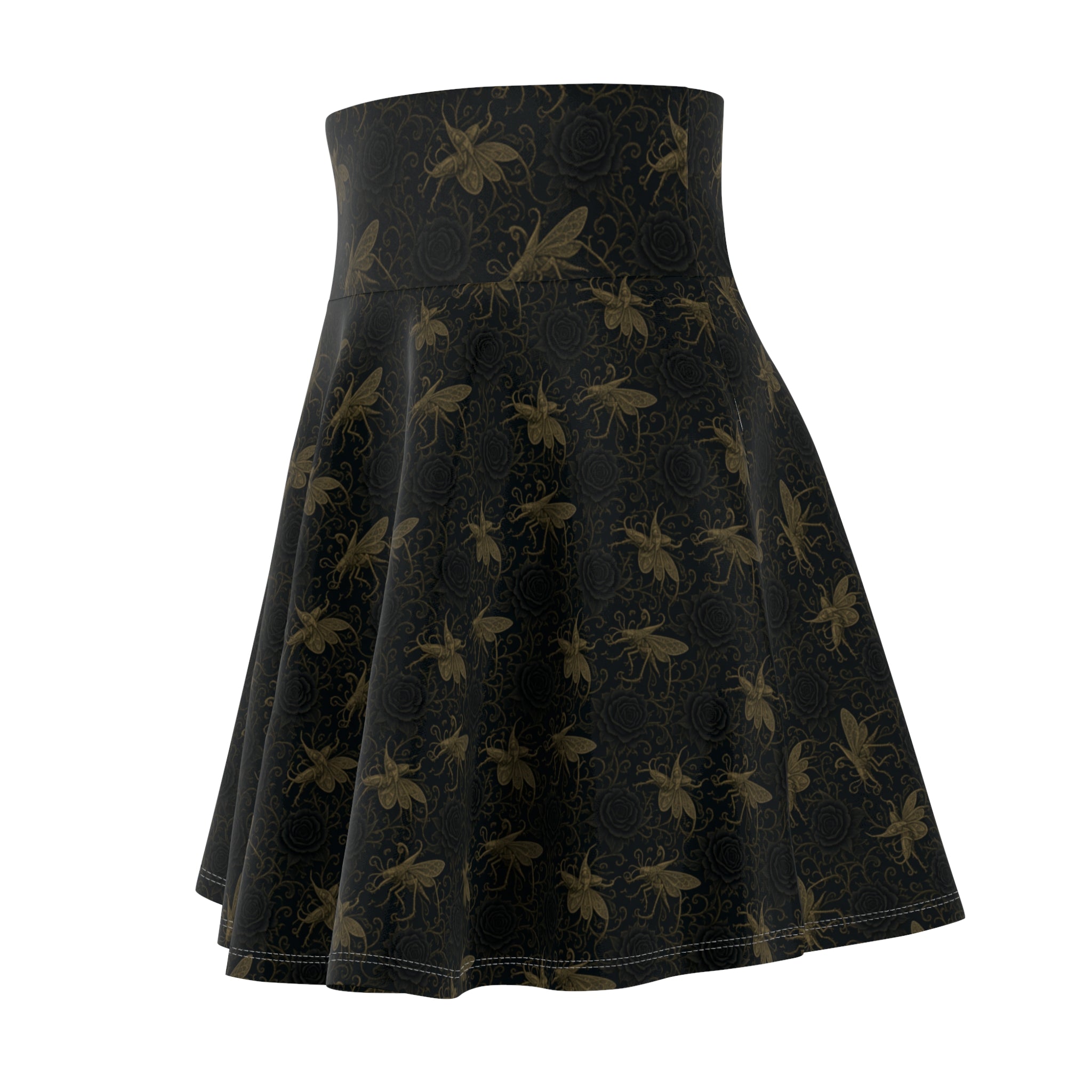 Black Floral Skater Skirt — Vintage Gold Locust + Black Roses, Flared A-Line Women’s Skirt