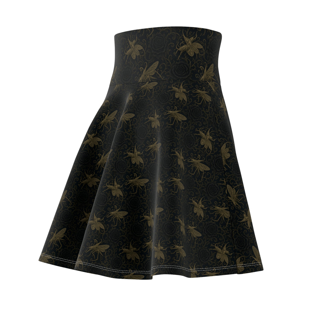 Black Floral Skater Skirt — Vintage Gold Locust + Black Roses, Flared A-Line Women’s Skirt