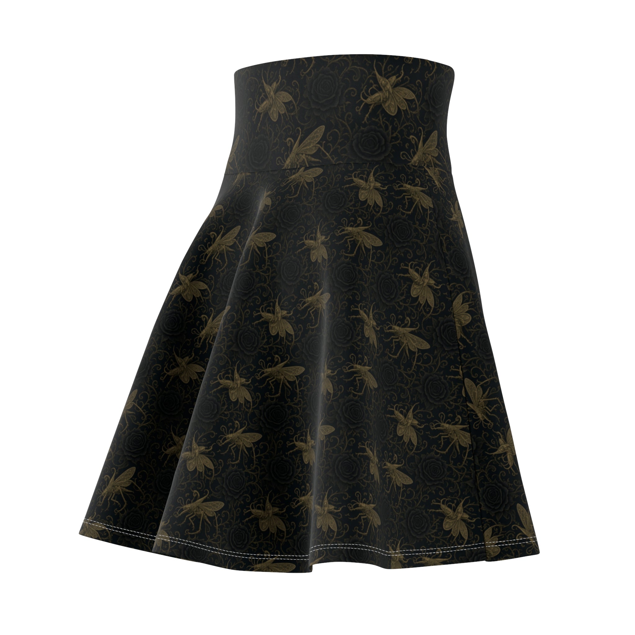 Black Floral Skater Skirt — Vintage Gold Locust + Black Roses, Flared A-Line Women’s Skirt