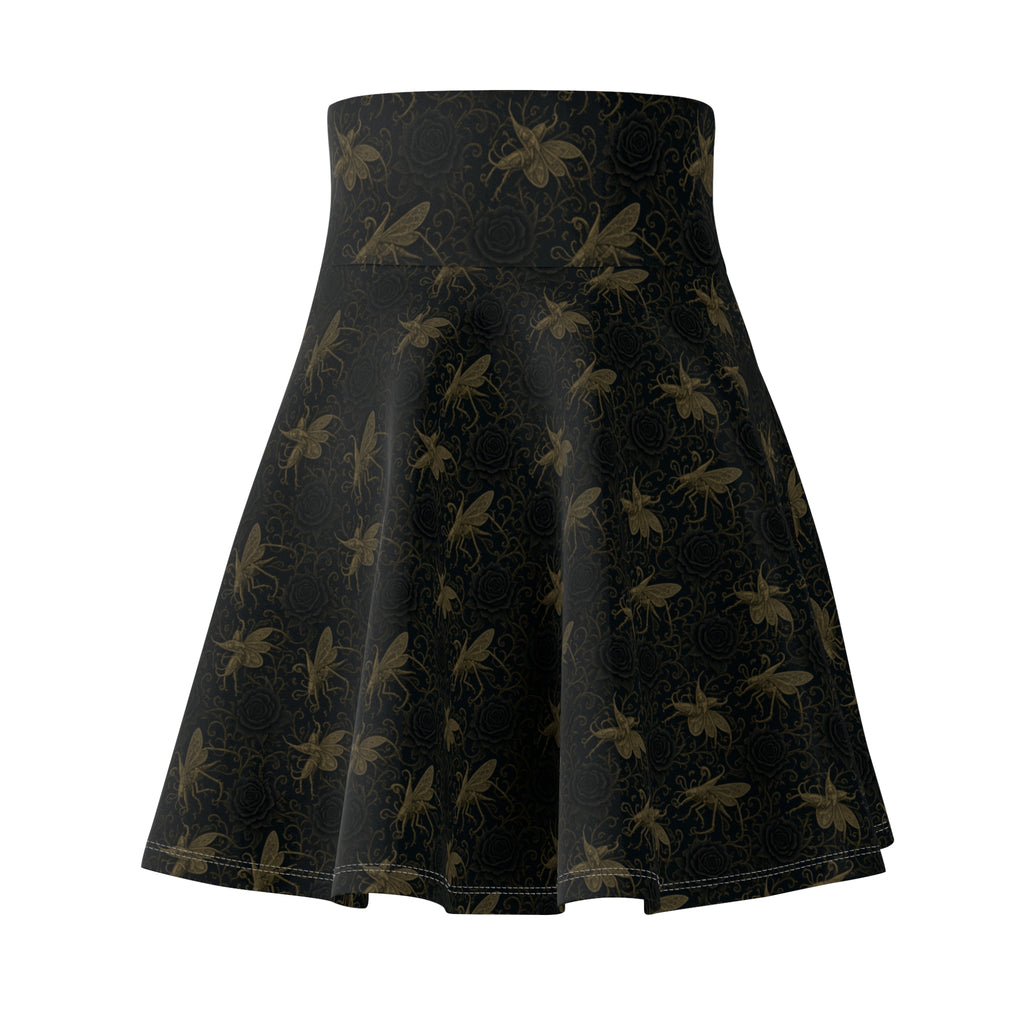 Black Floral Skater Skirt — Vintage Gold Locust + Black Roses, Flared A-Line Women’s Skirt