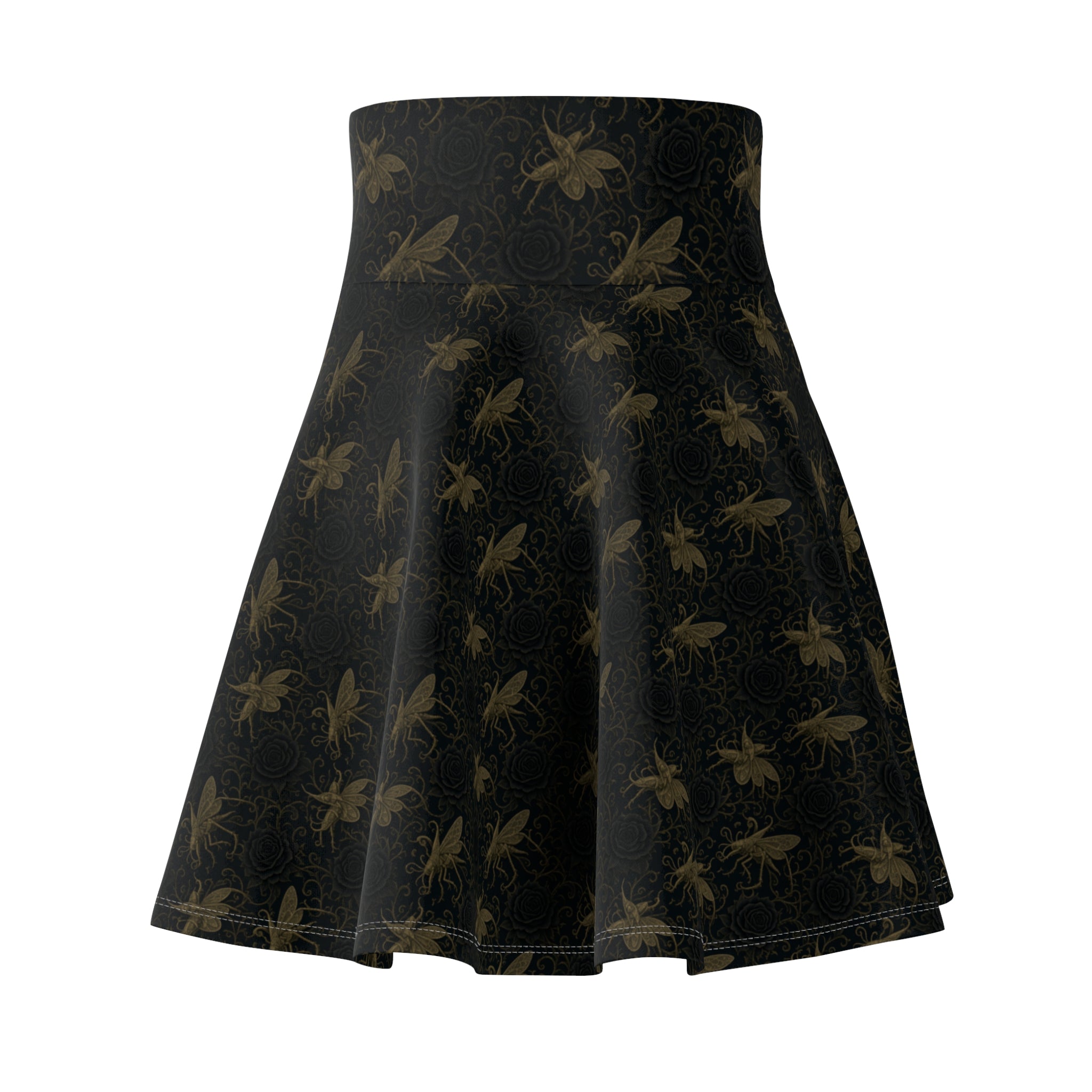 Black Floral Skater Skirt — Vintage Gold Locust + Black Roses, Flared A-Line Women’s Skirt