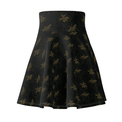 Black Floral Skater Skirt — Vintage Gold Locust + Black Roses, Flared A-Line Women’s Skirt