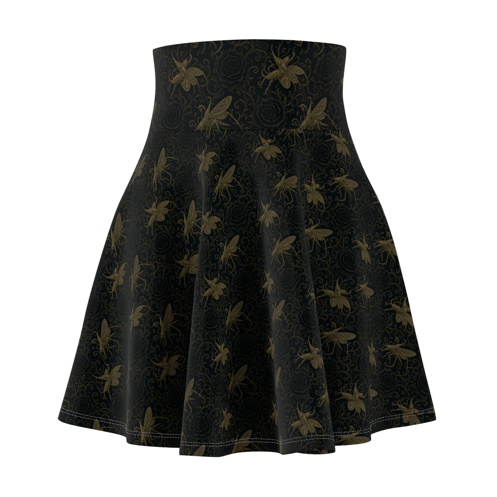 Black Floral Skater Skirt — Vintage Gold Locust + Black Roses, Flared A-Line Women’s Skirt