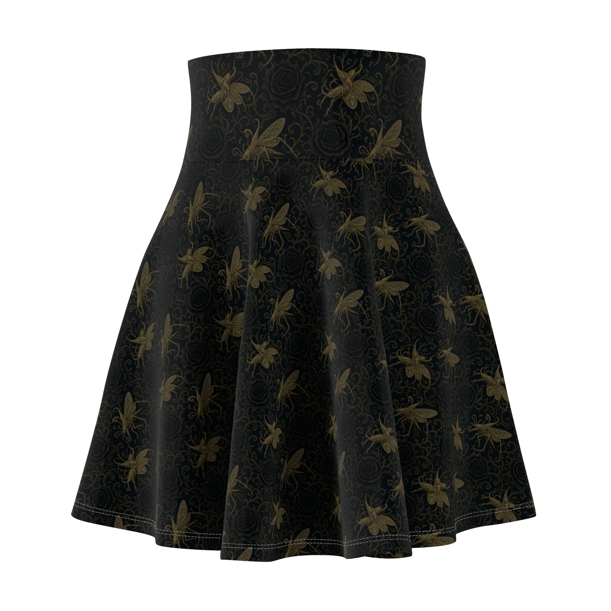 Black Floral Skater Skirt — Vintage Gold Locust + Black Roses, Flared A-Line Women’s Skirt