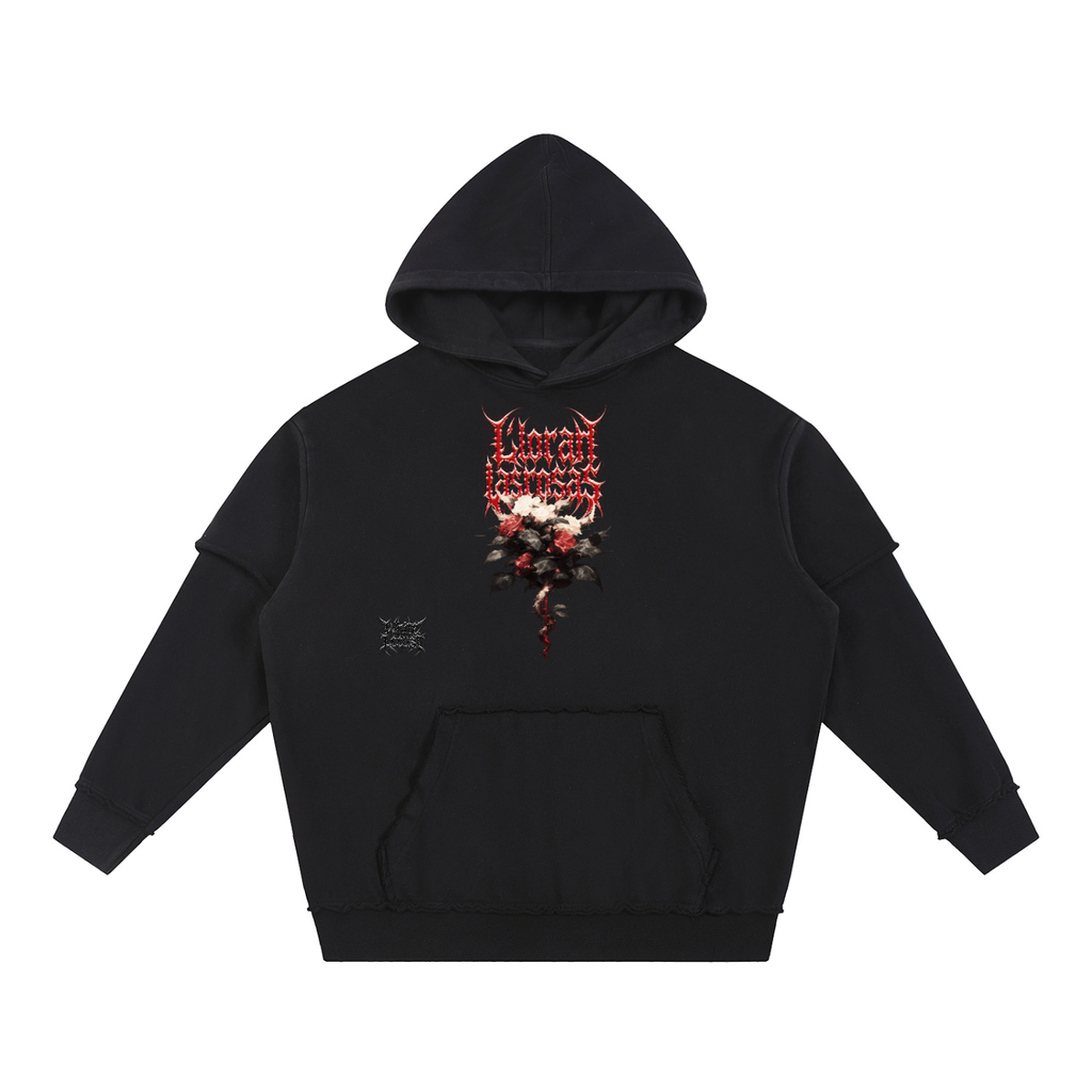 Deconstructed Raw Edge Seam Detail - Heavyweight 420 GSM Hoodie - White Locust Capital

Snow Wash Texture Detail on Black Cotton Hoodie - 90's Aesthetic - The Swarm Drop 01