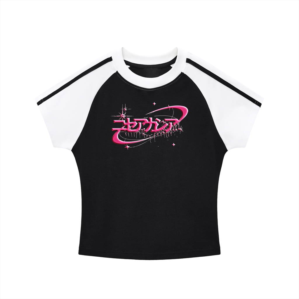 Japanese Katakana Logo Detail - Pink and Black Streetwear Tee - White Locust. Bodycon Raglan Sleeve T-Shirt Style - Y2K Girls Streetwear - The Swarm Drop
