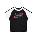 Japanese Katakana Logo Detail - Pink and Black Streetwear Tee - White Locust. Bodycon Raglan Sleeve T-Shirt Style - Y2K Girls Streetwear - The Swarm Drop