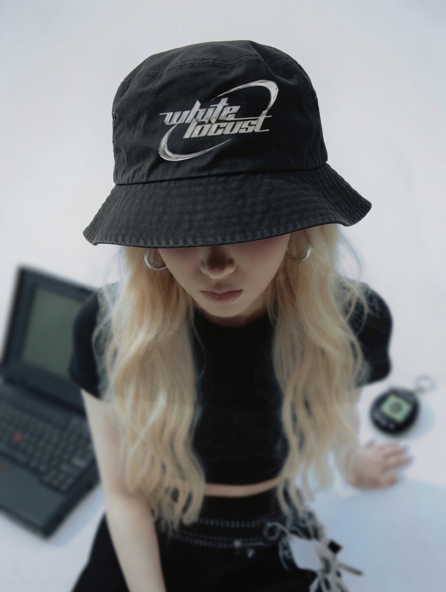 Bucket Hat — White Locust Retro Logo Embroidered Cotton Sun Hat